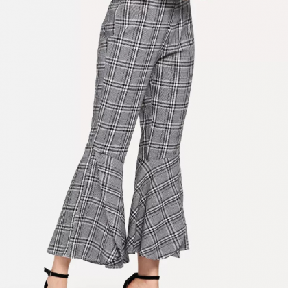 Style Retro Plaid Casual Pants Show Thin Flared..