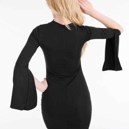 Slim Sexy Dress With Flared Sleeve And V-neck
