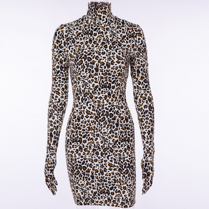 Leopard Print Dress With Long Sleeves, Mittens,..