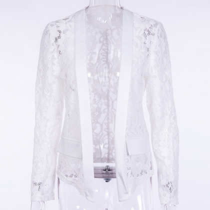 Long Sleeve Cardigan Lace Stitching Hollow Sexy..