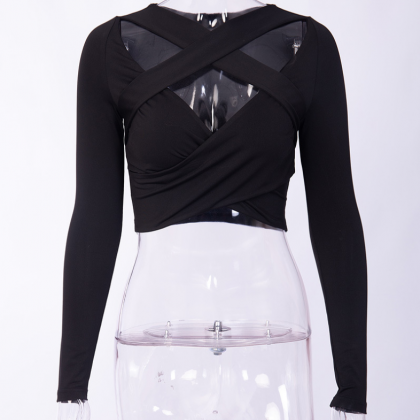 Style Cut-out Top With Long Sleeves And Cross Neck..