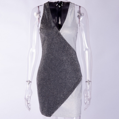 Style Patchwork Dress Silver Sleeveless Zip Slim..