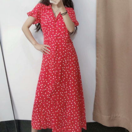 2019 Summer Red Polka Dot Button Dress