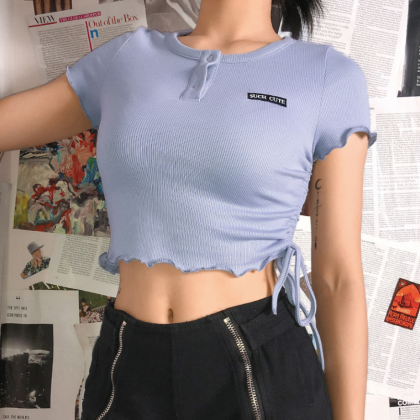 Blue Ruched Drawstring Side Crop Tee