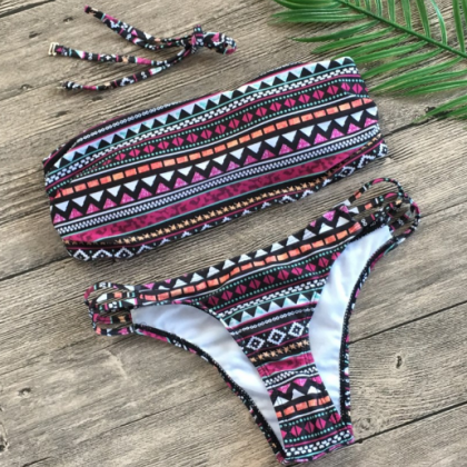 Sexy Tube Top Printed Bikini Split Swimsuit