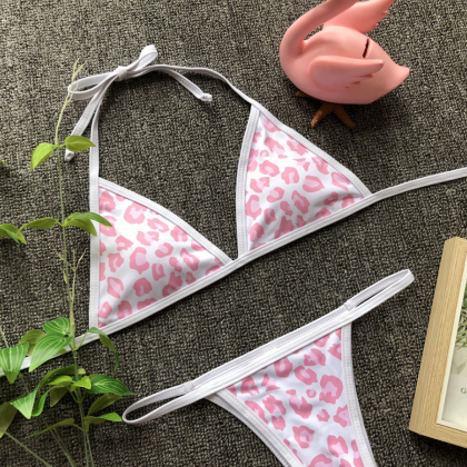 2019 Bikini Pink Leopard Ladies Swimsuit Simple..