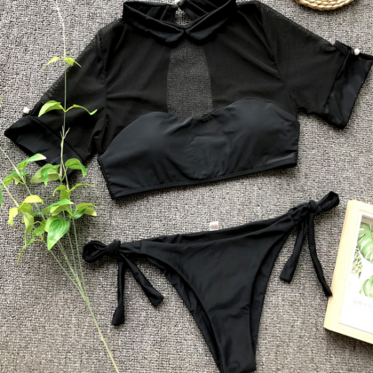 2019 Ladies Bikini Split Mesh Half Sleeve Swimwear..