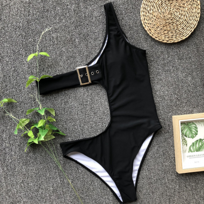 2019 Solid Color Buckle One-piece Swimsuit One..