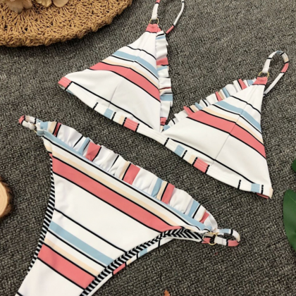 Explosion Ruffled Bikini Striped Print Split..