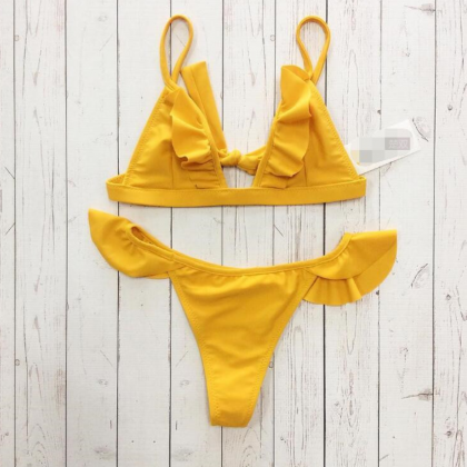 Explosive Split Swimsuit Yellow Lace Bikini Ladies..