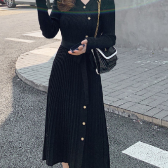 Spring And Autumn Mid-length Long-sleeved Striped..