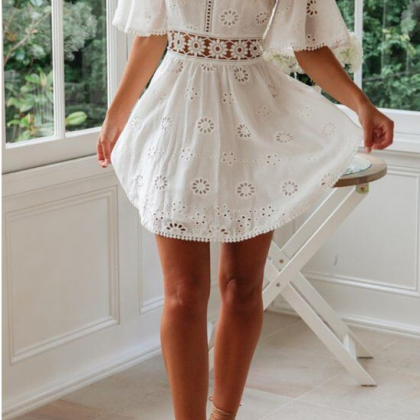 Sexy Cut Out Cotton Embroidery Short Sleeve Open..