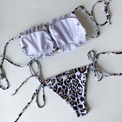 Pattern Stitching Bikini Bra Swimsuit Strap Split..