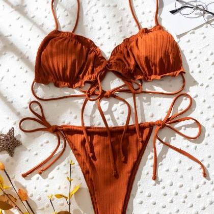 Lace-up Solid Color Slim Sexy Swimsuit Bikini..