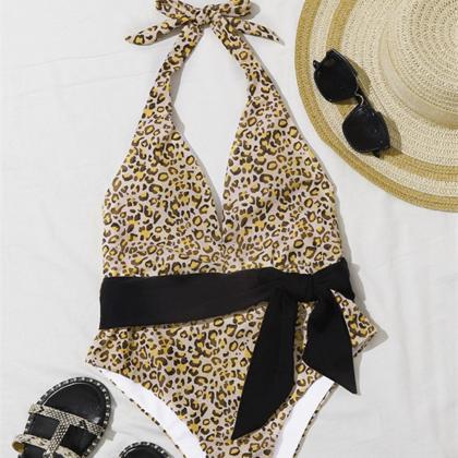Leopard Print Sexy One-piece Swimsuit Lace-up..
