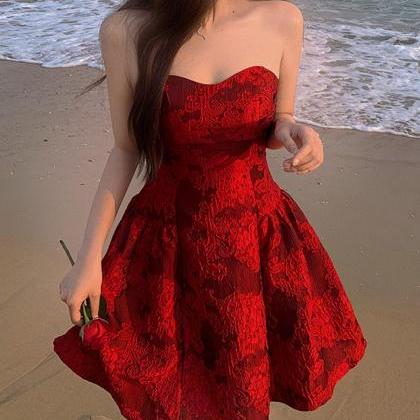 Red Tube Top Print Sweet And Cool Design Dress..