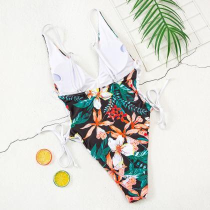 One-piece Swimsuit Floral Strap Deep V Sexy Bikini..
