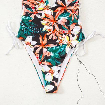 One-piece Swimsuit Floral Strap Deep V Sexy Bikini..
