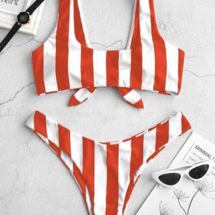 Striped Bowknot Swimsuit Feminine Split Bikini..