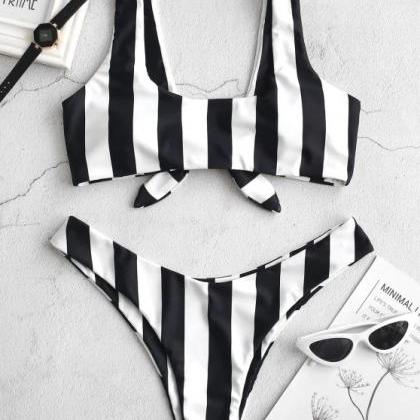 Striped Bowknot Swimsuit Feminine Split Bikini..