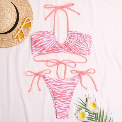 Bikini Sexy Lace-up Striped Print Split Swimsuit..