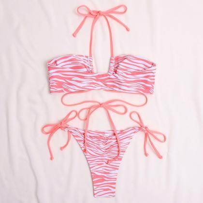 Bikini Sexy Lace-up Striped Print Split Swimsuit..