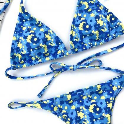 Ladies Split Swimsuit Blue Floral Lace Bikini..