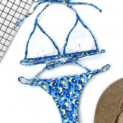 Ladies Split Swimsuit Blue Floral Lace Bikini..