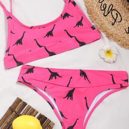 Style Pink Dinosaur Print Swimsuit Ladies Tube Top..