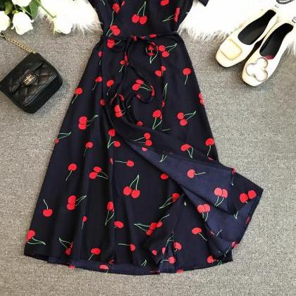 Summer V-neck Skirt Cherry Mid-length Wrap Dress..