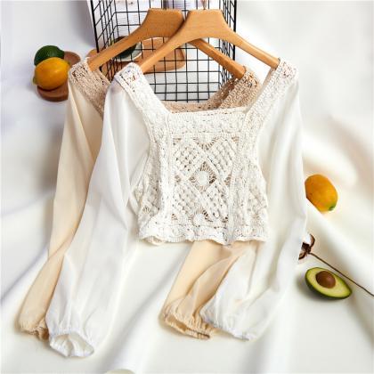 Hollow Chain Link Flower Lace Puff Sleeve Small..