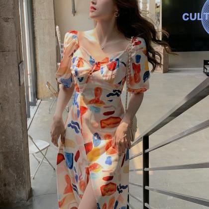 Summer Retro Dress Style Puff Sleeve Oil Painting..