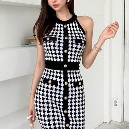 Summer Houndstooth Knitted Dress Single-breasted..