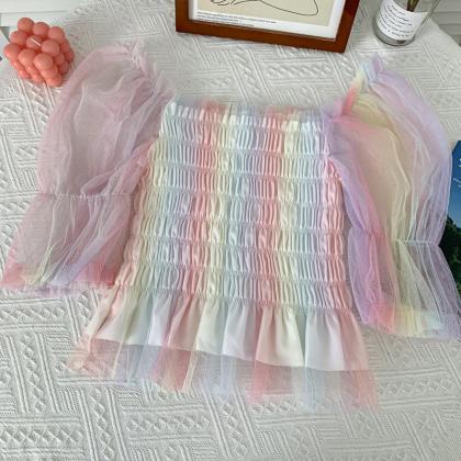 Summer All-match Rainbow-colored Mesh Pleated Thin..