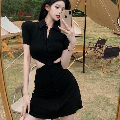 Retro Sexy Black Dress Spring And Summer Waist..