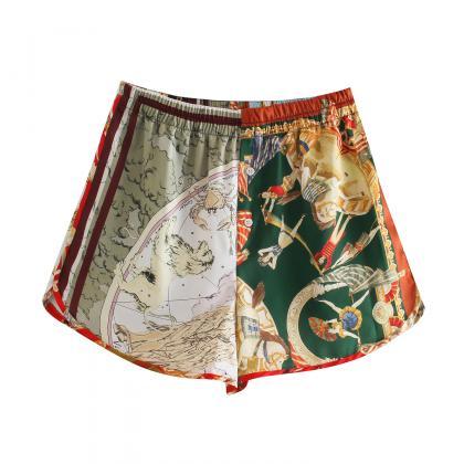 Elastic Waist Printed Patchwork Shorts For Women