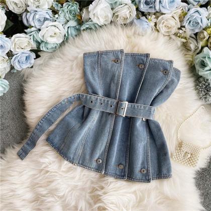 Street Pat Off Shoulder And Bra Denim Top With..