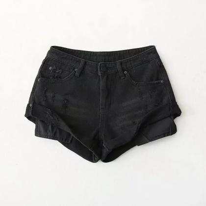 Holed Denim Pants Flannel Pocket High Waist Shorts..