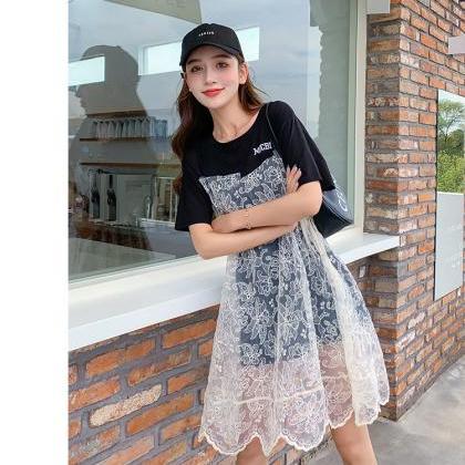 Lace Stitching Fake Two-piece T-shirt Dress For..