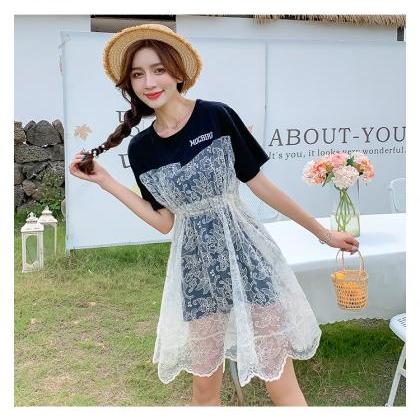 Lace Stitching Fake Two-piece T-shirt Dress For..