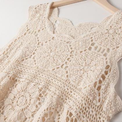 Round Neck Irregular Lace Crochet Sleeveless Dress