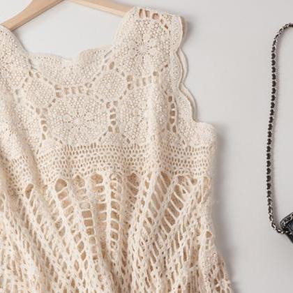 Round Neck Irregular Lace Crochet Sleeveless Dress