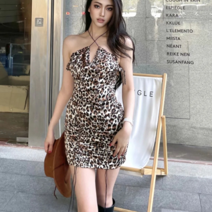 Sexy Leopard Lace Up Halter Skirt 2021 Summer..
