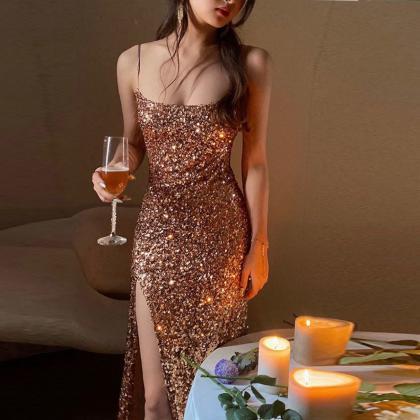 Gold Sequin Split Sexy Suspender Dress With..