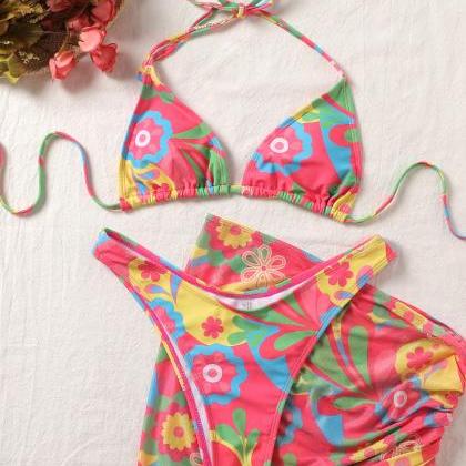 Floral Triangle Cup Print Binding Sexy Bikini