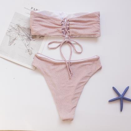 Pink Silver Shiny Ribbon Bikini High Waist Bikini