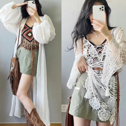 Vacation Mid Long Cut Out Flare Sleeve Lace..
