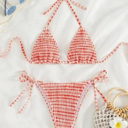3-piece Bikini Print Lace Up Swimwear