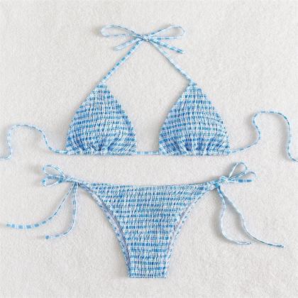 3-piece Bikini Print Lace Up Swimwear