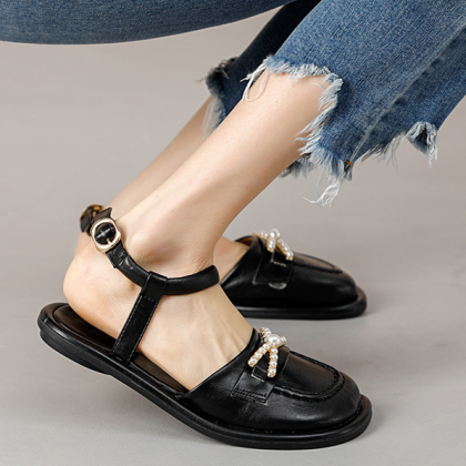 Pearl Bow Flat Sandals For Women External Wear..